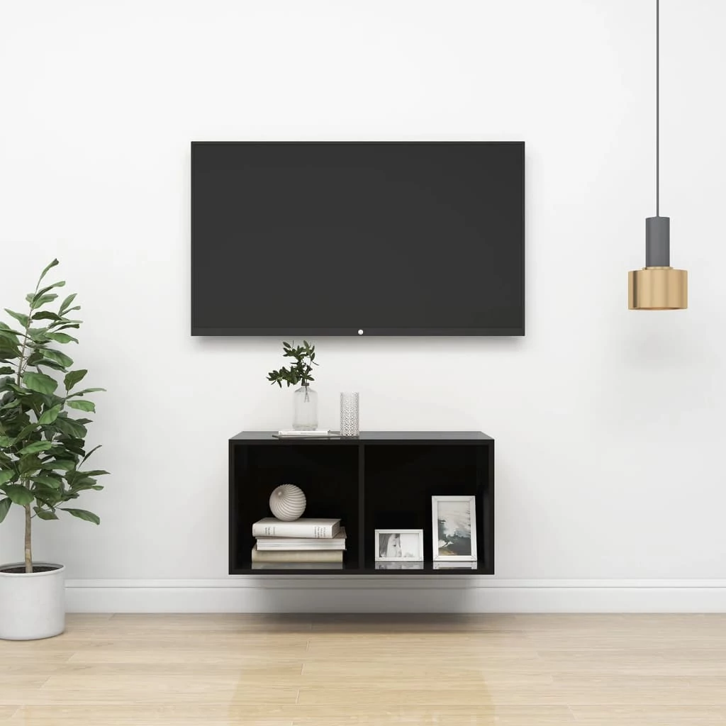 Magasfényű fekete szerelt fa fali TV-szekrény 37 x 37 x 72 cm
