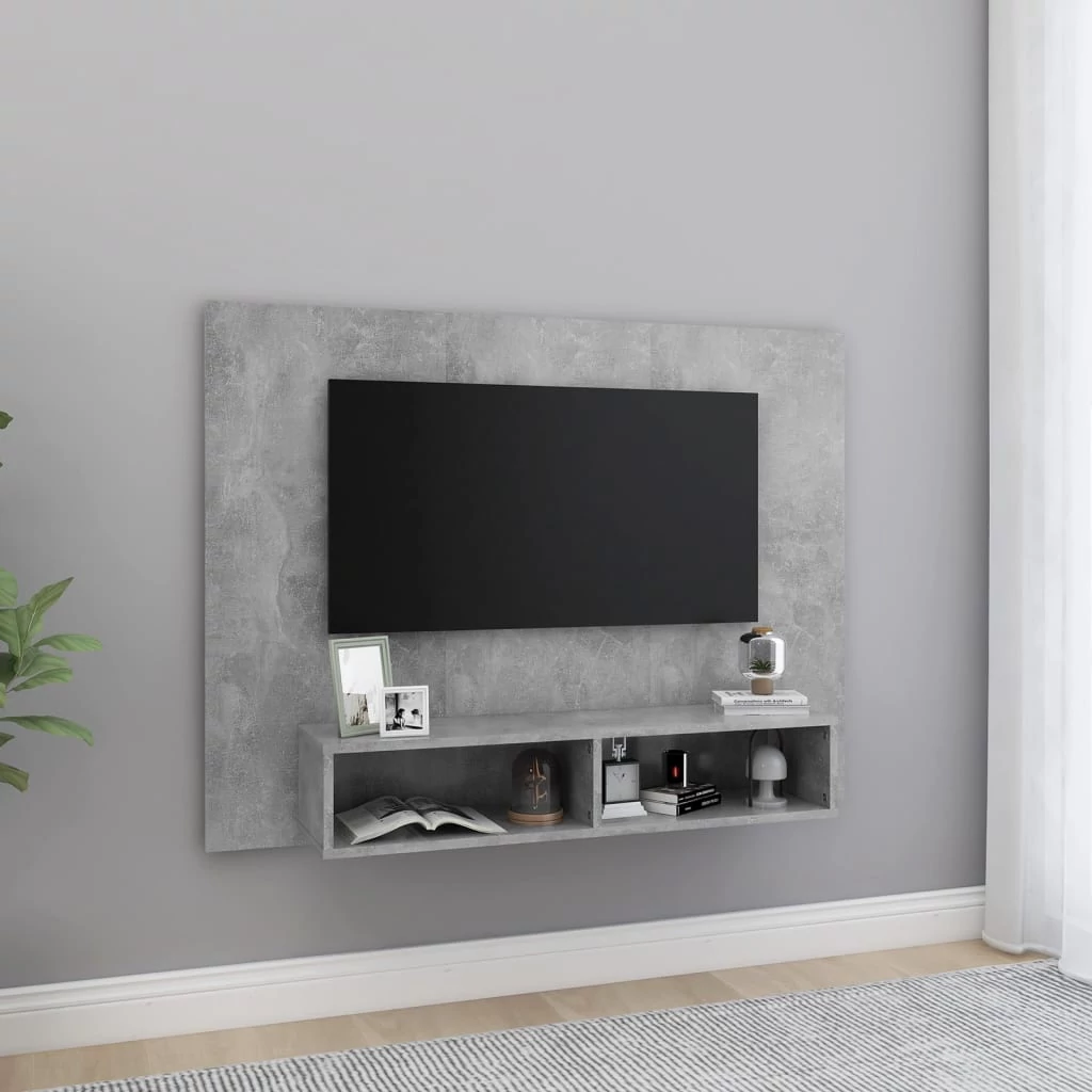 Betonszürke szerelt fa fali TV-szekrény 120 x 23,5 x 90 cm