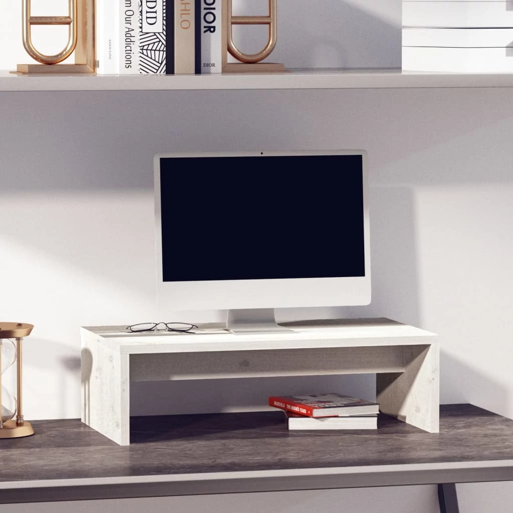Fehér tömör fenyőfa monitorállvány 50x27x15 cm