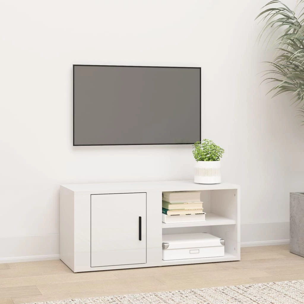 Fehér magasfényű szerelt fa TV-szekrény 80x31,5x36 cm