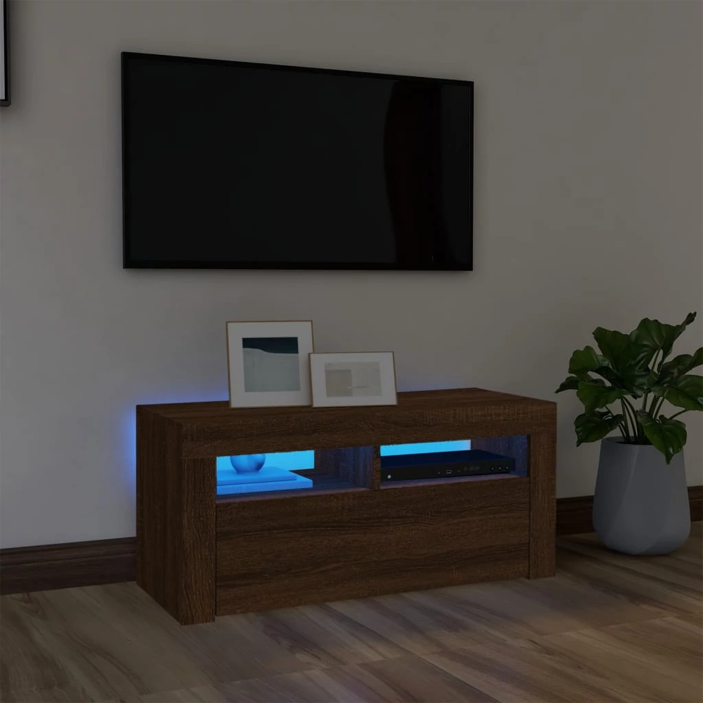 Barna tölgyszínű TV-szekrény LED-világítással 90 x 35 x 40 cm