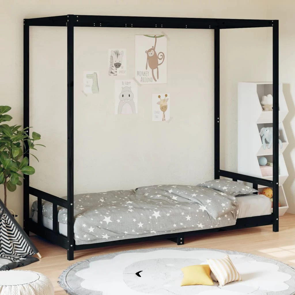 Fekete tömör fenyőfa gyerekágykeret 90 x 200 cm