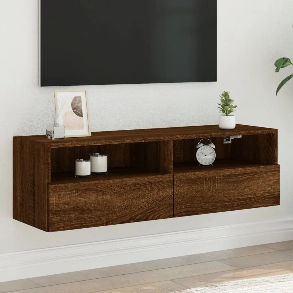 Barna tölgyszínű szerelt fa fali TV-szekrény 100 x 30 x 30 cm