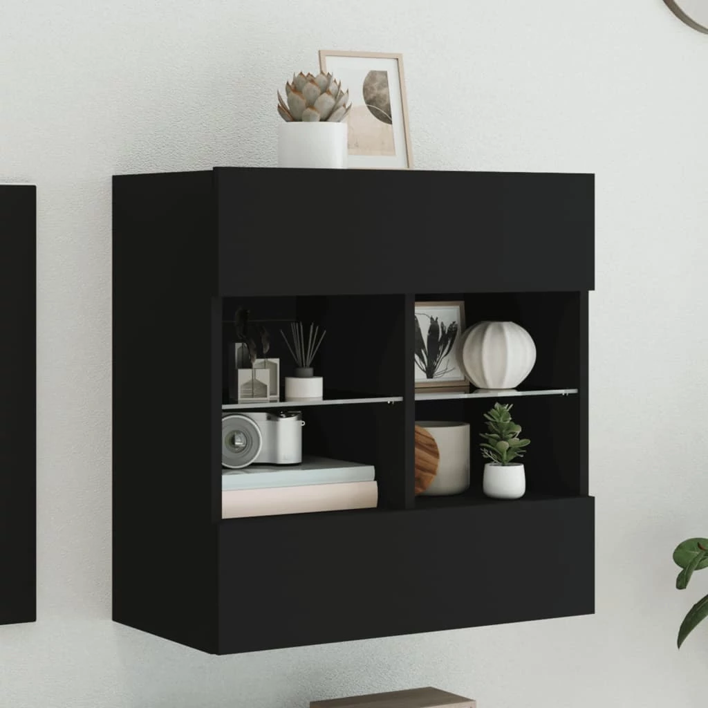Fekete falra szerelhető TV-szekrény LED-lámpákkal 58,5x30x60,5