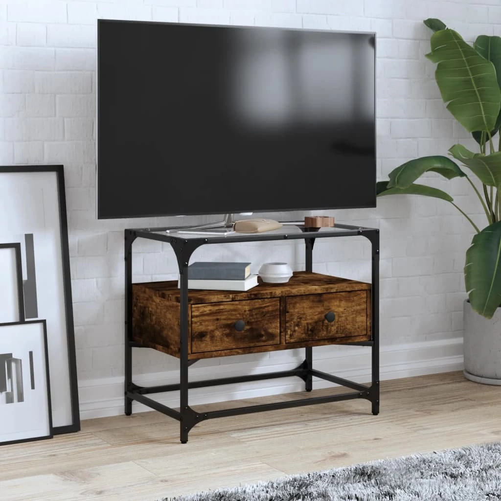Füstös tölgy szerelt fa TV-szekrény üveglappal 60 x 35 x 51 cm