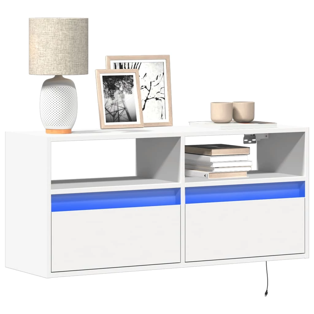 Fehér falra szerelhető TV-szekrény LED-lámpákkal 100x31x45 cm