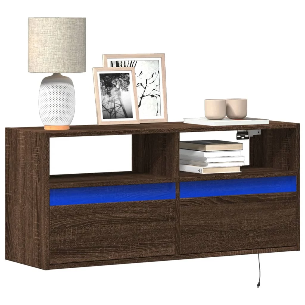 Barna tölgyszínű fali TV-szekrény LED-del 100x31x45 cm