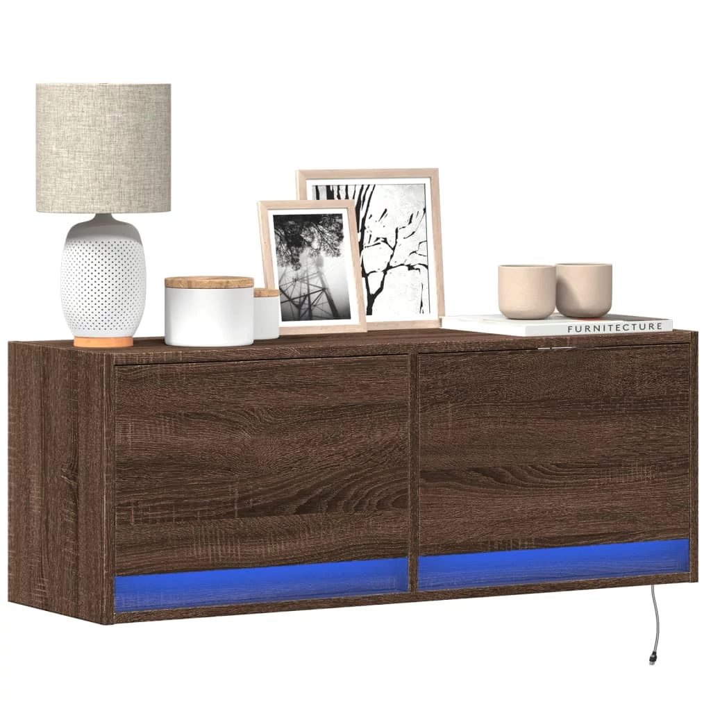 Barna tölgyszínű fali TV-szekrény LED-del 100x31x35 cm