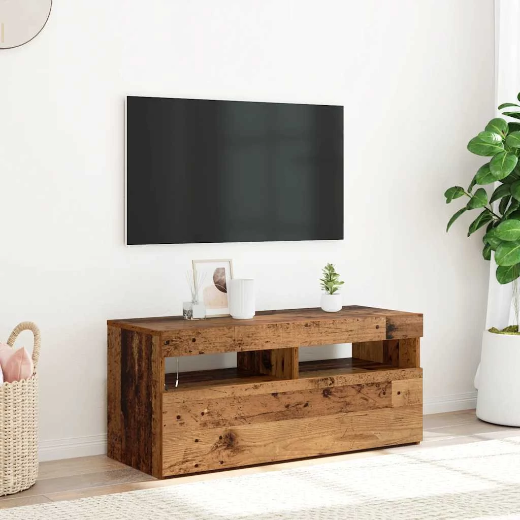 Antik fa színű szerelt fa TV-szekrény LED-ekkel 90x35x40 cm