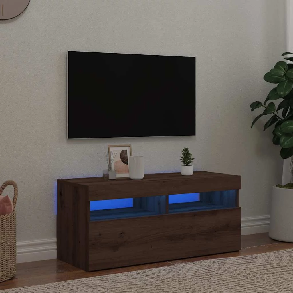 Kézműves tölgy szerelt fa TV-szekrény LED-ekkel 90x35x40 cm