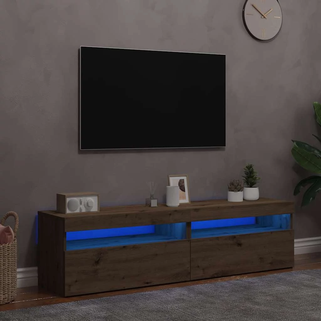 2 db kézműves tölgy színű szerelt fa TV-szekrény LED-lámpákkal