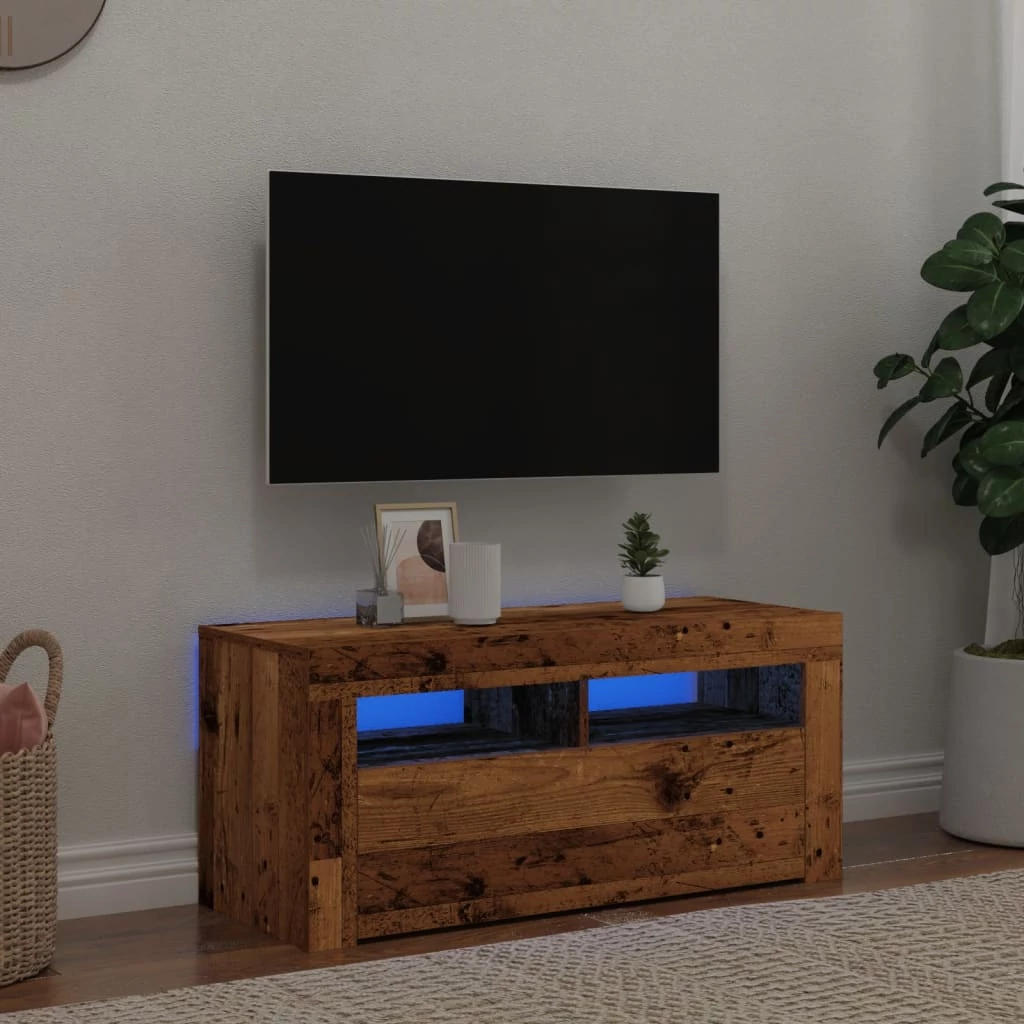 Antik fa színű szerelt fa TV-szekrény LED-ekkel 90x35x40 cm
