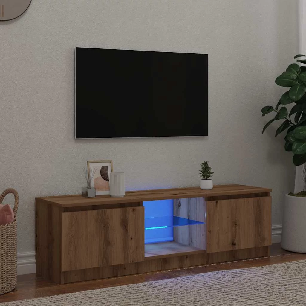 Kézműves tölgy szerelt fa TV-szekrény LED-ekkel 140x40x36 cm
