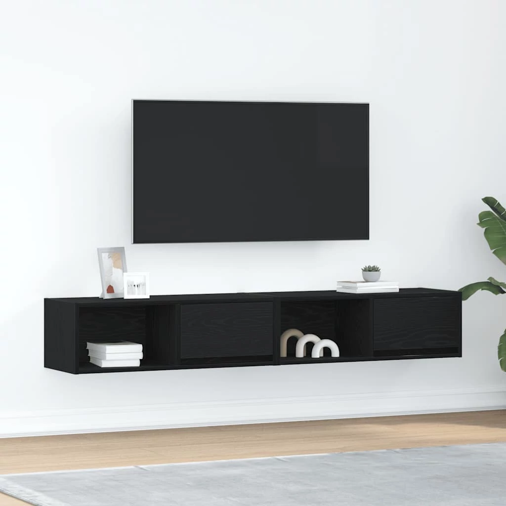 2 db fekete tölgy színű szerelt fa TV-szekrény 80x31x25,5 cm