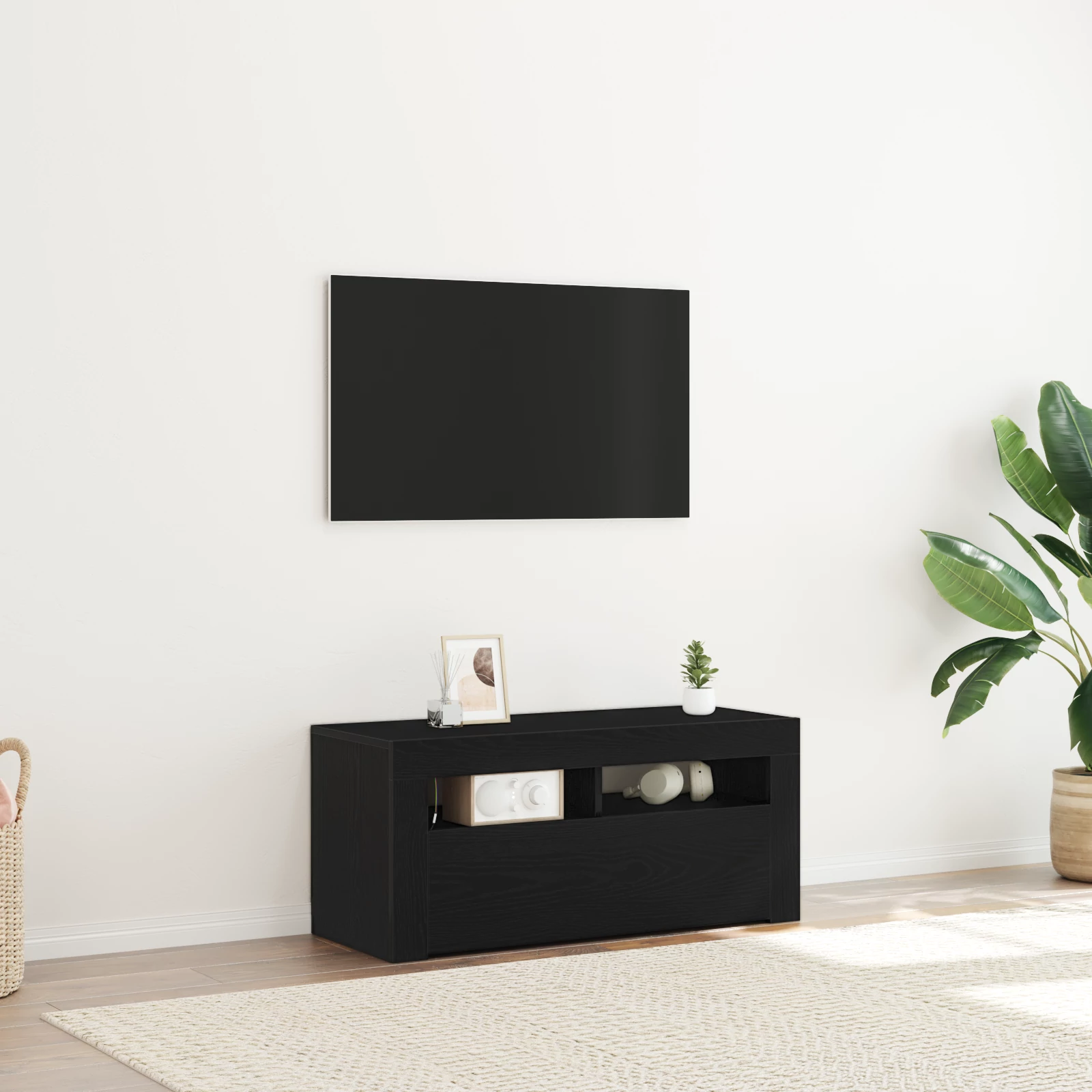 LED-es fekete tölgy TV szekrény 90x35x40 cm szerelt fából