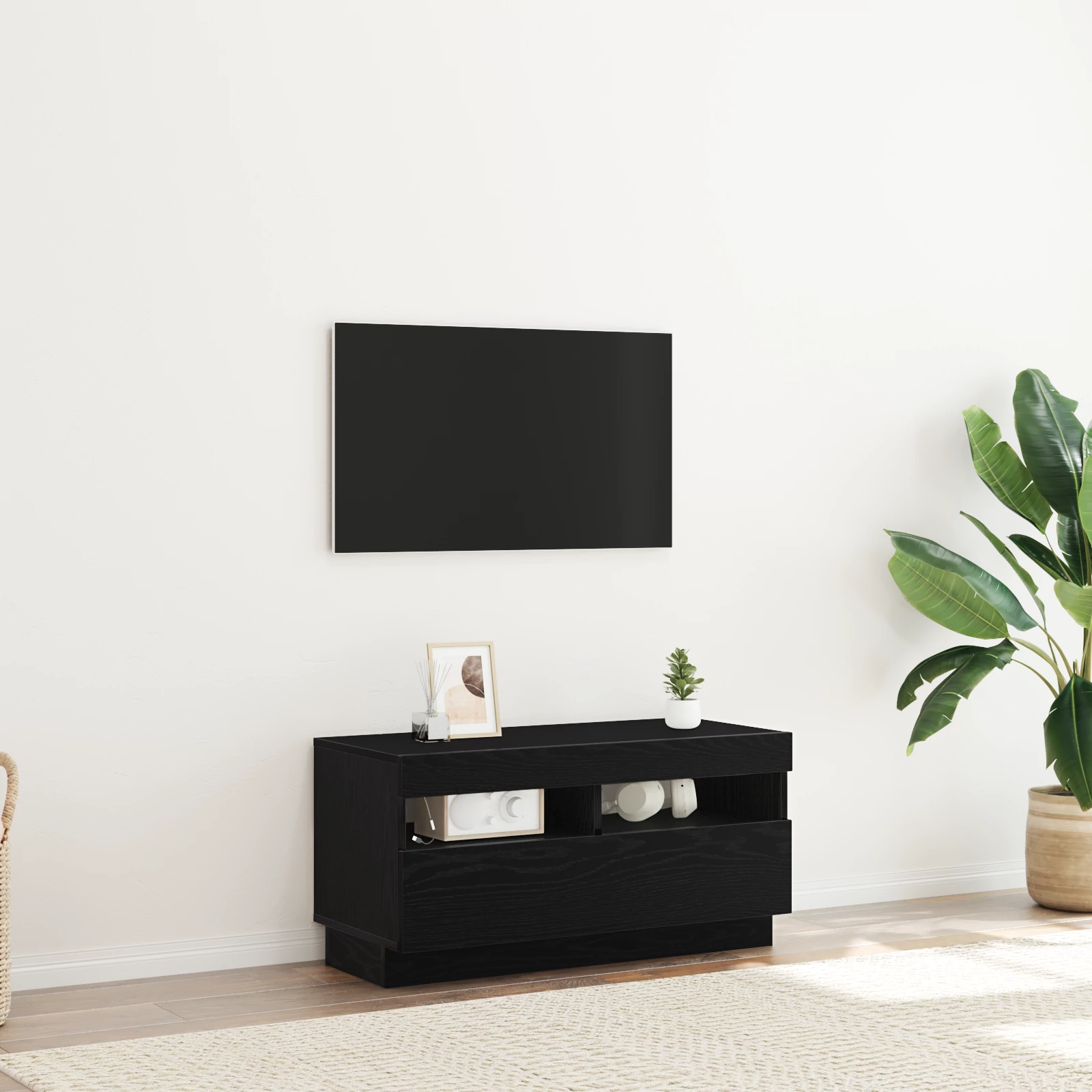 LED világításos TV szekrény - Fekete tölgy, 80x35x40 cm, Mérnöki fa